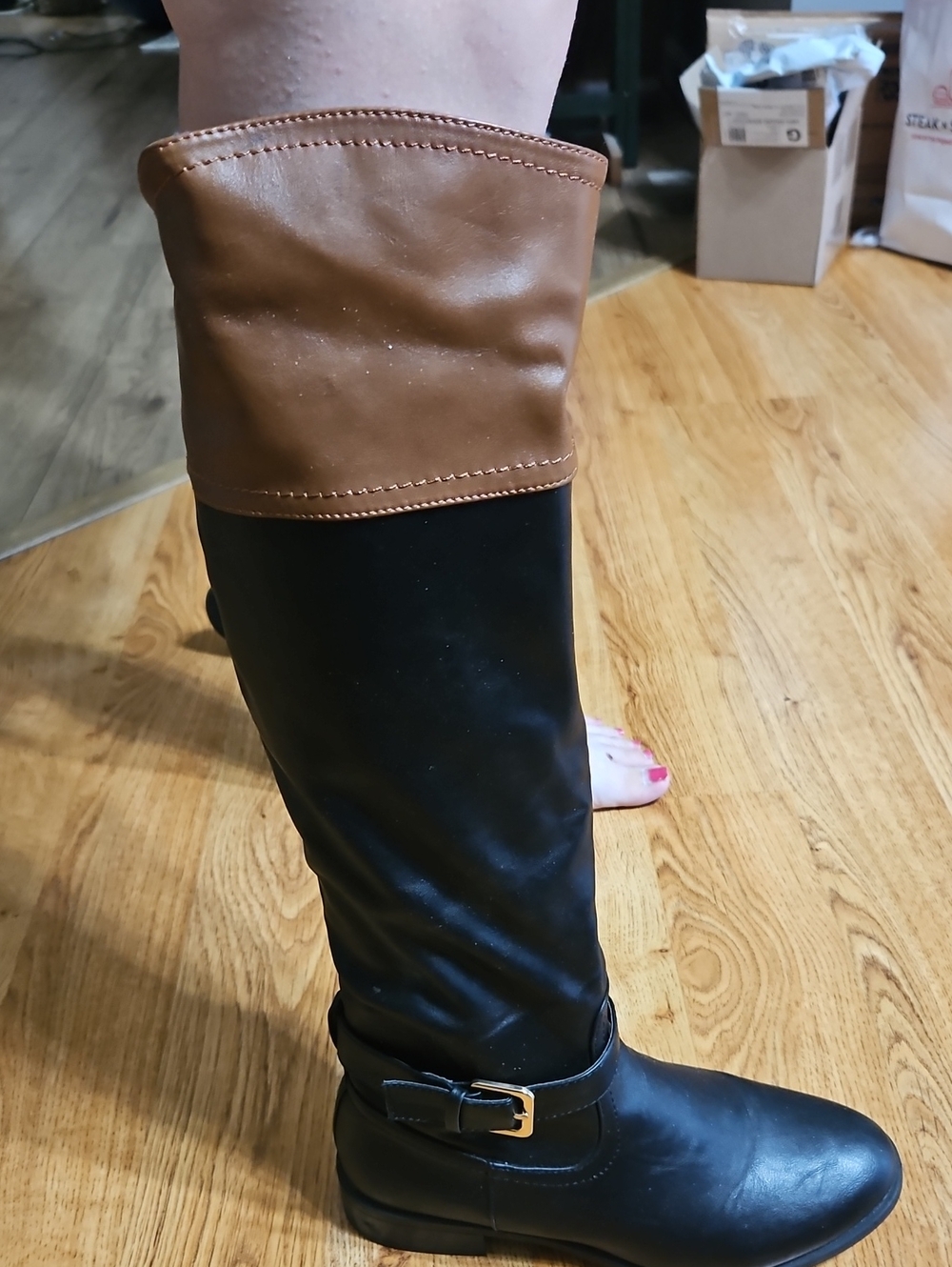 Women’s Two-Tone Black and Brown Knee-High Heeled Boot